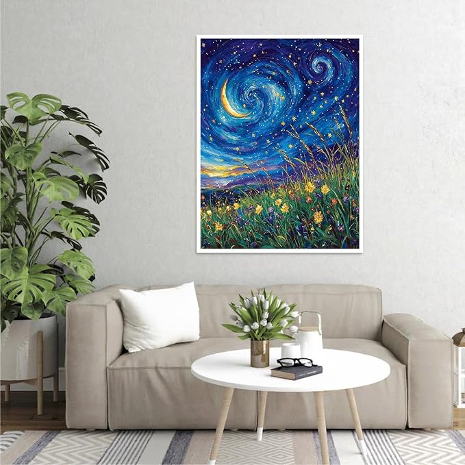 pchmcu DIY Starry Night Paint by Numbers Kits for Adults,Landscape Paint by Number for Adults Beginner Moon,Grassland Paint by Numbers Kits on Canvas Without Frame for Home Wall Decor 16x20inch