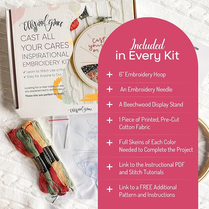 Elly & Grace Christian Embroidery Kit with Embroidery Hoop, Easy Embroidery Kit for Beginners and Adults, Full Embroidery Hoop Kit with Needles and Thread Included (Cast All Your Cares)