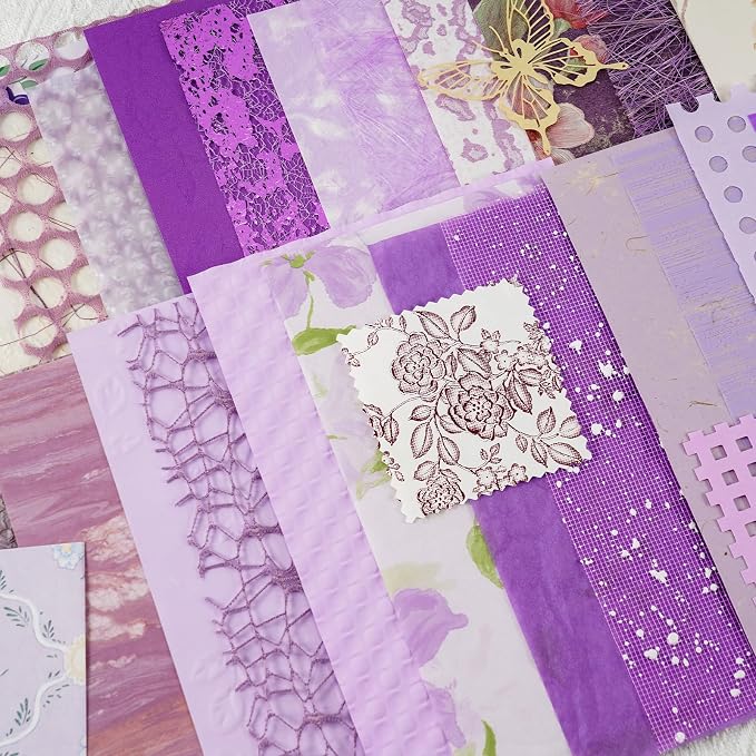 50 Sheets Unique Handmade Textured Scrapbook Paper & Mesh Fabric Set - Junk Journal Supplies Craft Paper for Scrapbooking Journaling Supplies for Junk Journal Retro Crafts（Purple）