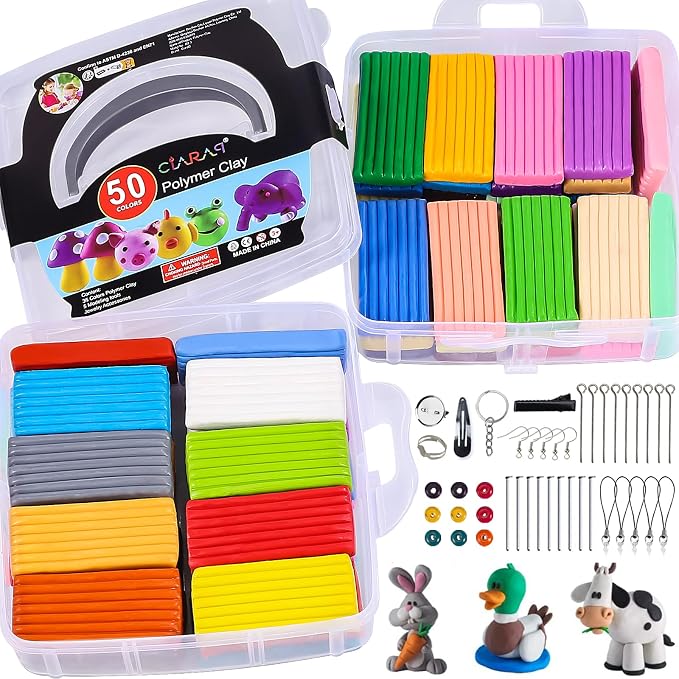 CiaraQ 50-Color Polymer Clay Oven Bake Modeling Kit | Heavier than most clay sets – 28g per block vs 20g. 50 colors, 2-layer storage box, Non-toxic. Great for kids & beginners