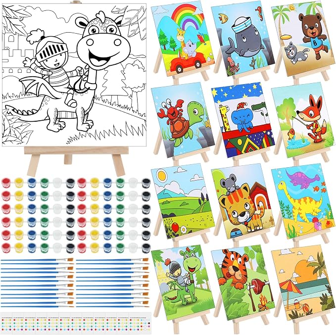 Tenceur 12 Sets Pre Drawn Canvas to Paint Adult Stretched Coloring Painting Canvas Panels with Design Easel and Brushes for Party Supplies Beginner Favor(Cute Style)