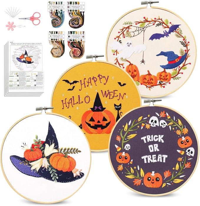 Santune 4-Pack Halloween Embroidery Kit Cross Stitch Kits for Beginners DIY Needlepoint Kit with 4 Embroidery Clothes Featuring Pumpkin Patterns,2 Hoops,Color Threads,Needles