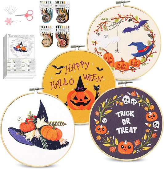 Santune 4-Pack Halloween Embroidery Kit Cross Stitch Kits for Beginners DIY Needlepoint Kit with 4 Embroidery Clothes Featuring Pumpkin Patterns,2 Hoops,Color Threads,Needles