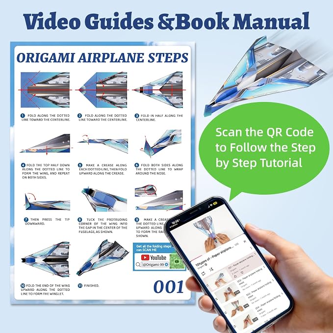 hapray 60 Sheets Paper Airplane Kit, Paper Plane with Origami Book & Video