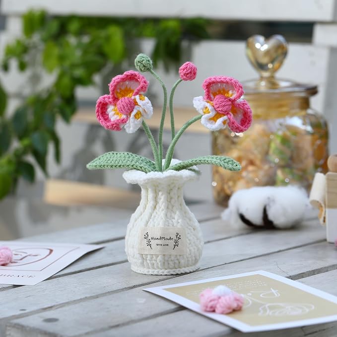 Orchid Crochet Flower Pot Deep Rose Handmade Knitted Phalaenopsis Desk Decor for Home Office