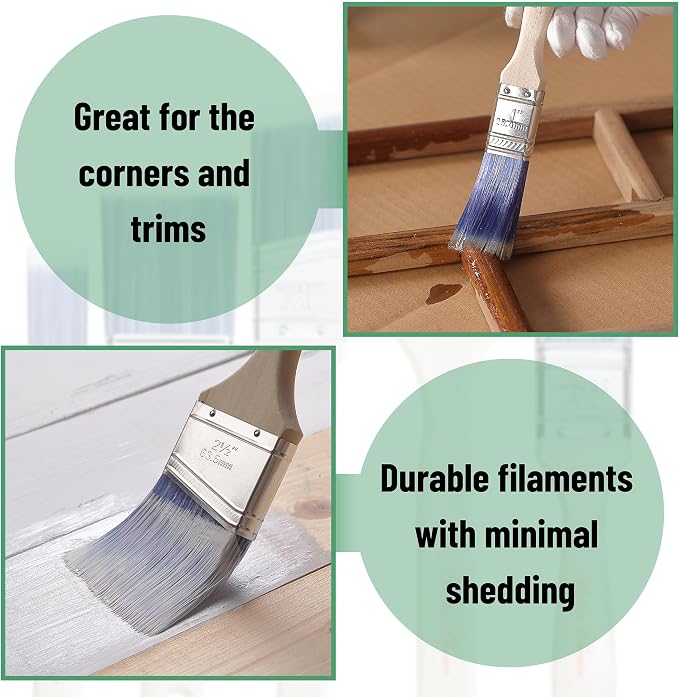 Bates Paint Brushes, 5 Pack - Flat & Angle Brushes, Assorted Sizes, Wooden Handle, for Walls & Furniture