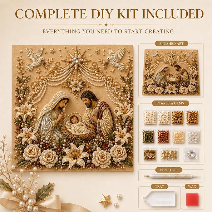 DIY Christmas Pearl Diamond Painting Kit, 5D Pearl Art Craft for Adults and Beginners, Christmas Church and Jesus Wall Decor, Holiday Gifts, 12 x 12 Inch (Jesus Design A)
