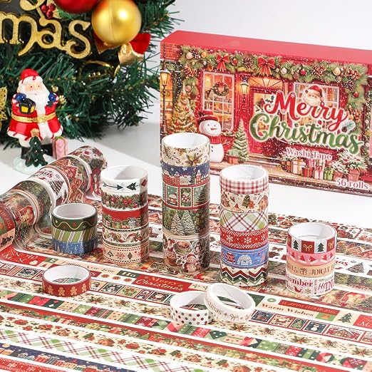 icceemee 36 Rolls Christmas Washi Tape Set, Festive Holiday Decorative Masking Tape, Xmas Planner Scrapbook Journal DIY Craft Gift Wrapping Supplies