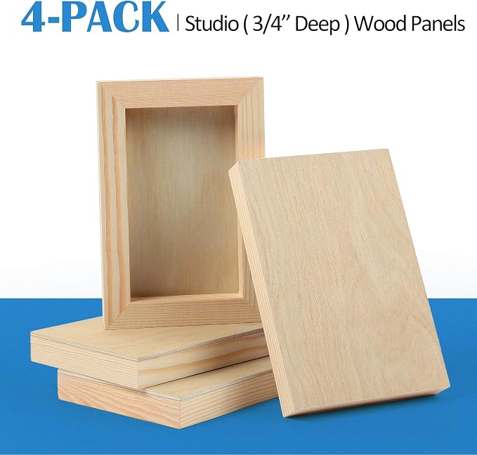 Falling in Art 4 Pack 4x6’’ Unfinished Birch Wood Panels Kit for Painting | Studio 3/4’’ Deep Wooden Canvas, Cradle Boards for Acrylic Pouring, Art, Crafts, Epoxy Resin, Laser Engraving Cutting