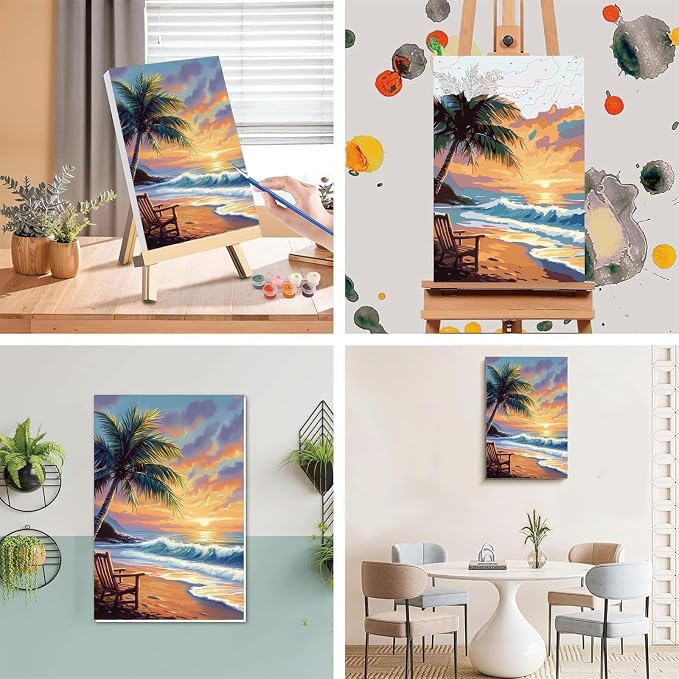 xackcme Beach Paint by Numbers for Adults with Framed Canvas 8x12 inch | Landscape Paint by Number on Canvas, DIY Sunset Acrylic Oil Painting Kits with Wooden Easel Brushes for Home Wall Decor