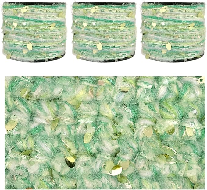 Artisanal Yarn Collection Multifiber Fancy Yarn with Sequins & Iridescent Shimmering Threads for Knitting Crocheting Crafts DIY, Set of 3 Rolls (Pastel Lime)
