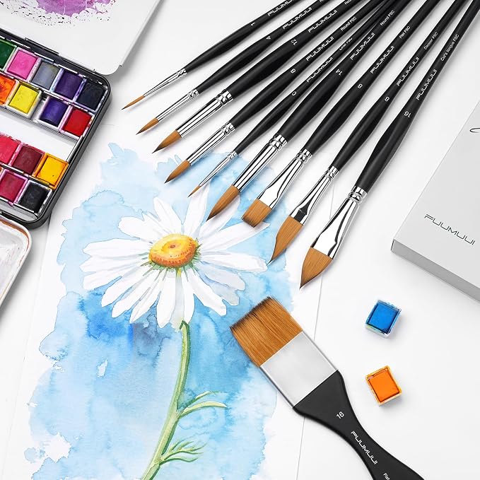 Fuumuui Watercolor Paint Brushes, Professional 10Pcs Synthetic Sable Water Color Brushes for Adult with Wide Flat, Round, Dagger, Cat's Tongue, Liner for Watercolor Gouache Inks Painting