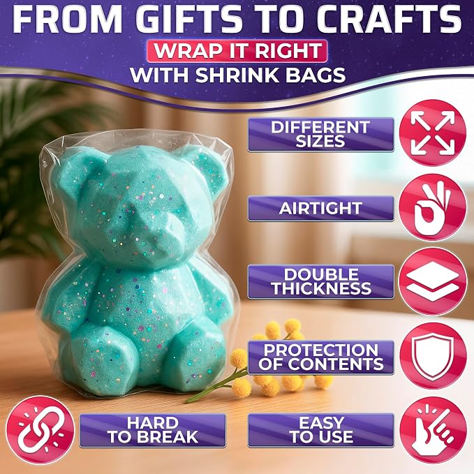 PalaYou 200 Pcs Clear Shrink Wrap Bags 4x6, PVC Film, for Small Items | Heat Shrink Bags; Soap Wrappers, Bath Bomb Packaging, Cookie Wrap; Dust & Moisture Covers, Sealable; for Crafts and Gifts