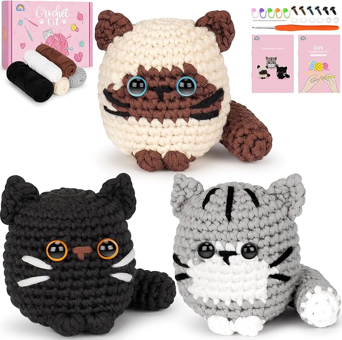 Crochet Kit for Beginners, Cat Crochet Kit for Adults Beginner | Complete DIY Crochet Starter Kit with Step-by-Step Video Tutorials, Easy Knitting Kit Cat Crochet Gifts