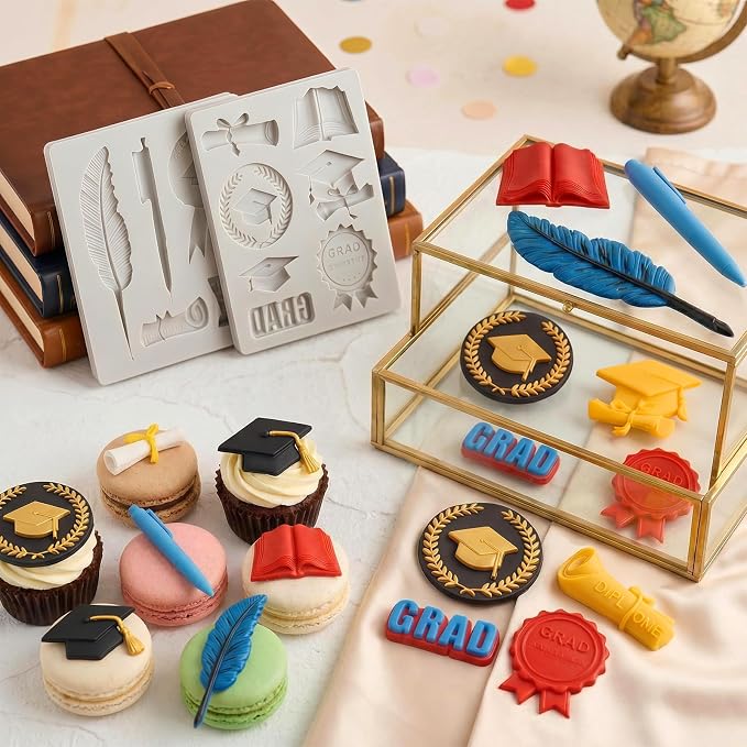 Sakolla 2 Pack 2026 Graduation Candy Chocolate Molds, Doctoral Cap Diploma Scroll Badge Pen Shape Fondant Silicone Molds for Party Cake Decoration（Mini/Grey）