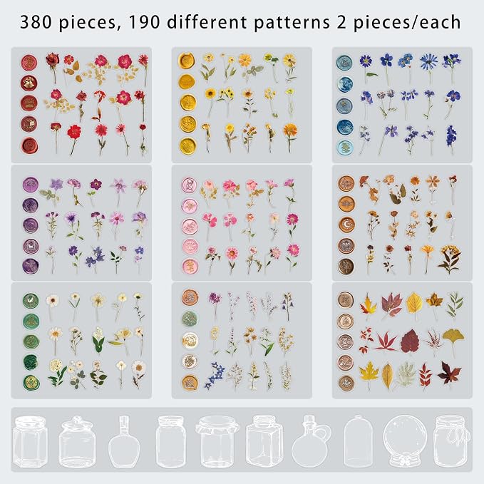 emmoolife Pressed Flower Stickers Set (380 PCS) Dried Flowers Themed Resin Sticker Decals Floral Botanical Journaling Stickers for Scrapbook Supplies Bullet Junk Journal Bottles Planner Laptops