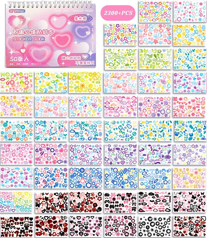 2300PCS Scrapbook Stickers Cute Butterfly Stars Heart Stickers Self Adhesive Korean Bows Ribbons Stickers Book for Kids Girls Boys Aesthetic Craft Scrapbooking Junk Journal Diary 50-Page