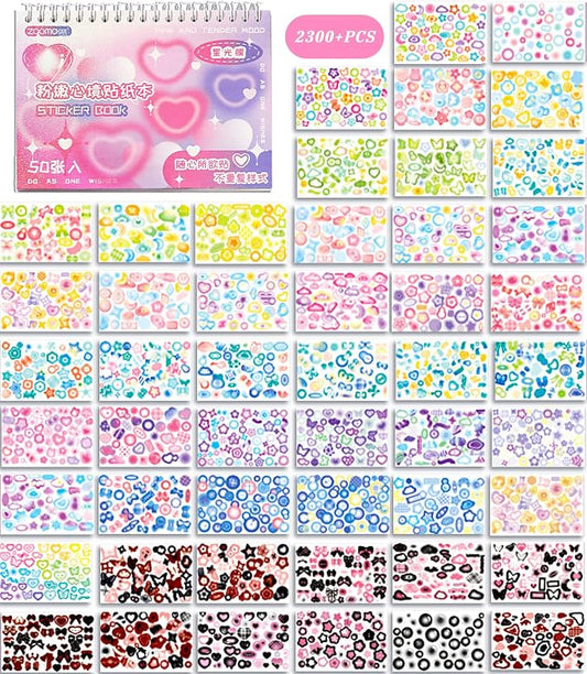 2300PCS Scrapbook Stickers Cute Butterfly Stars Heart Stickers Self Adhesive Korean Bows Ribbons Stickers Book for Kids Girls Boys Aesthetic Craft Scrapbooking Junk Journal Diary 50-Page