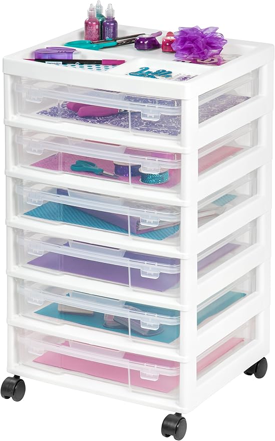 IRIS USA Rolling Cart with Drawers |Made in USA| 6-Tier Cases - White/Clear