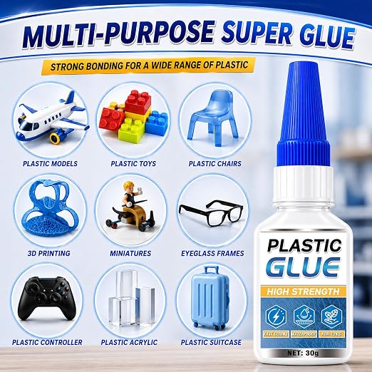 Plastic Glue for Models & Miniatures, 30g Instant CA Adhesive with Precision Applicator, Strong Model Glue for PLA, ABS, PVC, Acrylic & 3D Print Repairs