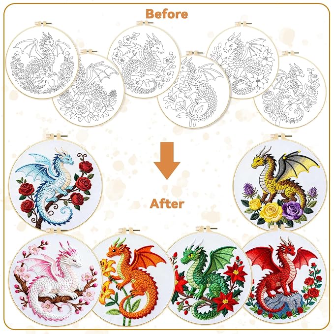 BEUNITONE 6 Set Embroidery Kits for Beginners with Dragon Pre-Print Pattern
