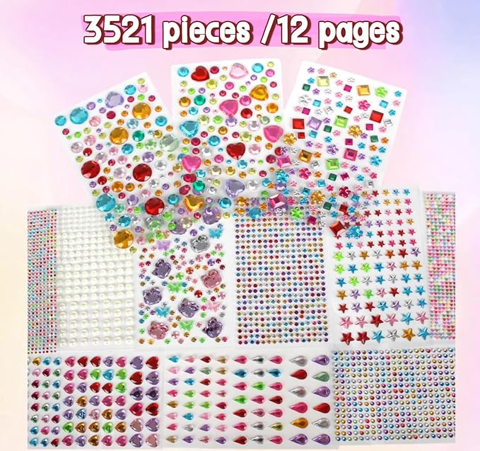 3521 Pieces Self Adhesive Jewels for Crafts, Gems Stickers for Kids, Flat Back Plastic Fake Jewels for Scrapbook Supplies and face gems