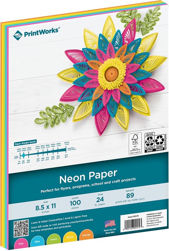 Printworks Neon Colored Paper, 24 lb, 5 Assorted Florescent Colors, FSC Certified, 100 Sheets, 8.5 x 11 Inch (00579), Single (Pack of 6)