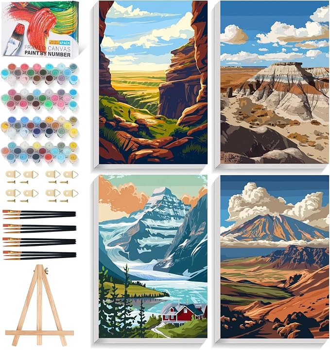 4 Pack National Park Paint by Numbers Kit for Adults Beginner Framed, Mountain Landscape Paint by Number Kits with Frame, DIY Acrylic Adult Paint by Number Kits on Canvas for Home Decor Gift 8x12 Inch