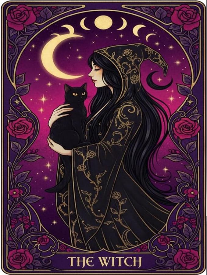 GQYCZZ Halloween Witch 5D Diamond Art Kits for Adults, Gothic Cat Diamond Painting Kits for Beginners, DIY Tarot Card Full Drill Round Diamond Painting Gem Art for Beginner, Home Wall Decor 12 x 16In