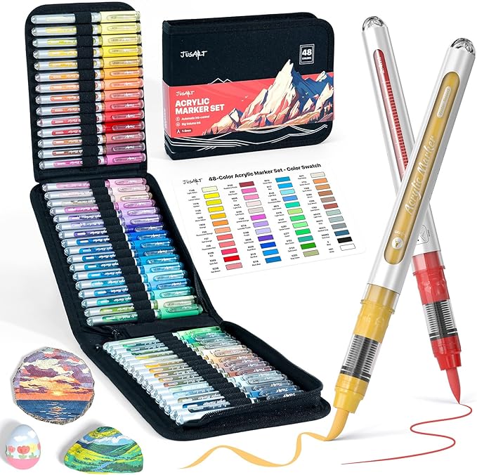 JusArt 48 Colors Acrylic Paint Markers Brush Tip, Automatic Ink Control
