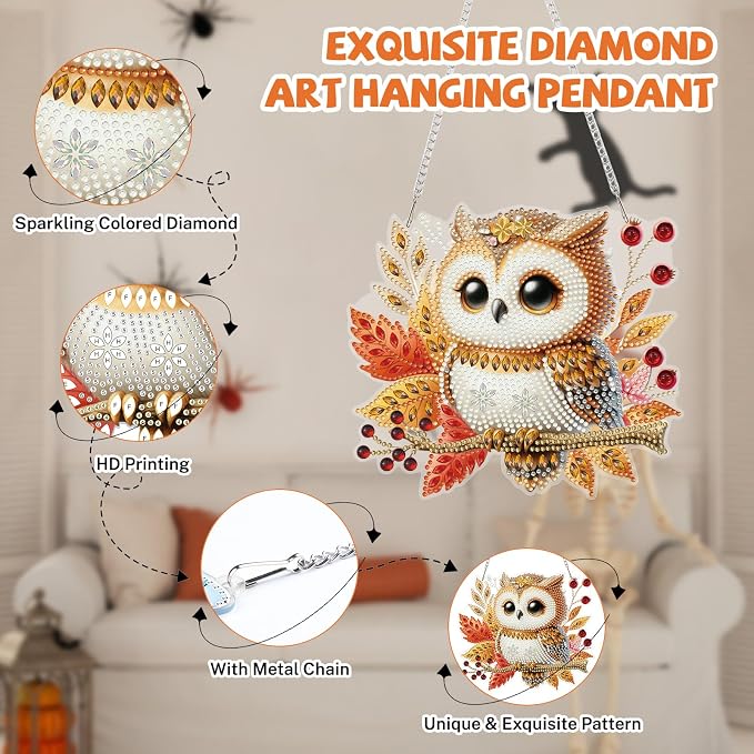 Bowetile Fall Owl Diamond Art Hanging Kits for Adults, Diamond Art Suncatchers Maple Leaf, 5D Special Shape Autumn Diamond Painting Pendant Window Ornament Gifts for Home Door Wall Decor