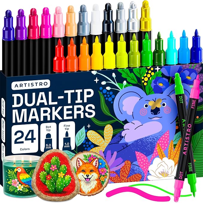 ARTISTRO Mixed Colors Dual-Tip Acrylic Paint Marker Pens - Set of 24 | For Fabric, Rock, Glass, Wood, & Coloring Books, Arts & Crafts Gift, Classroom Must Haves & School Supplies (Dot & Fine Tips)