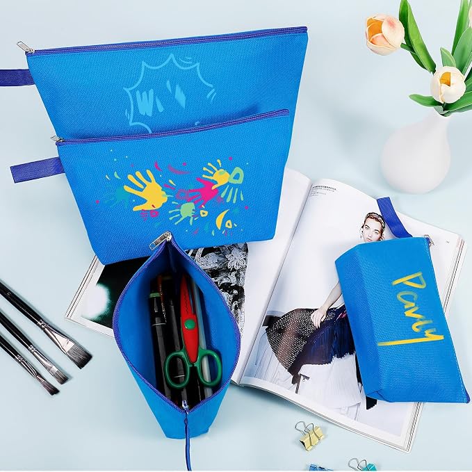 10 Pieces Cotton Canvas Makeup Bag with Bottom and Strap, Multi-Purpose Cosmetic Bag with Zipper Travel Toiletry Pouch, Blank DIY Craft Bag (Blue, L)