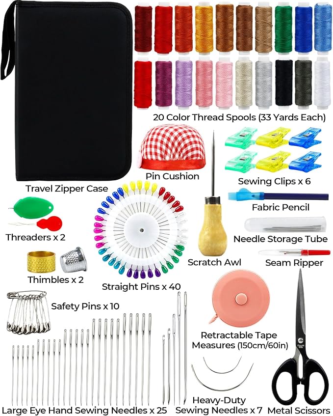Heavy Duty Sewing Kit, Upholstery Repair Sewing Kit with Sewing Awl, 120PCS | Sewing Kit, Large-Eye Needles, Sewing Awl, Seam Ripper, 20 Colors Sewing Thread, Upholstery Repair, Leather Repair, DIY