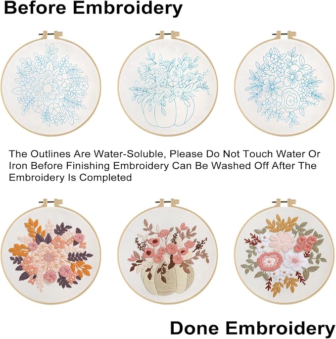 Sivilife Embroidery Kit for Beginners, 3 Sets Stamped Cross Stitch Kits for Beginner, Floral Pattern Embroidery Starter Kits for Adults with Embroidery Hoop Instructions Threads and Needles Scissors