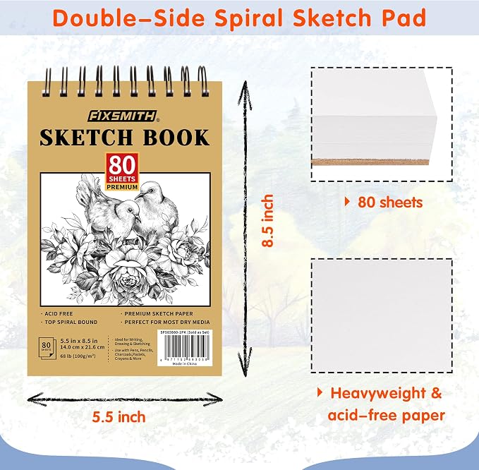 FIXSMITH 5.5"X8.5" Sketch Book, 160 Sheets (68 lb/100gsm), 2 Pack | Acid Free Drawing Paper | Top Bound Artist Sketch Pad | for Kids, Beginners, Artists & Professionals | Bright White