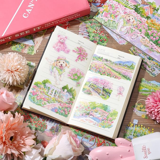 Spring Garden Stickers 20 Sheets 150 Pre-Cut PET Journal Sticker Book for Scrapbooking Landscape Stickers Transparent Sticker for journaling