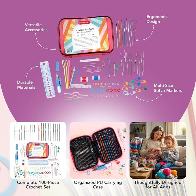 Incraftables Crochet Hooks Set with Case – 100 Pieces - Complete Crochet Kit for Beginners & Professionals – Ergonomic Crochet Hooks, Crochet Accessories, Crochet Tools & More