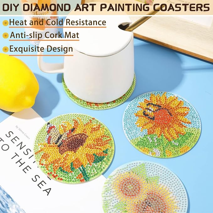 UPINS 8Pcs Sunflower Diamond Art Painting Coasters for Drinks | DIY Coaster Diamond Art Kits, for Adults Diamond Art Craft Supplies