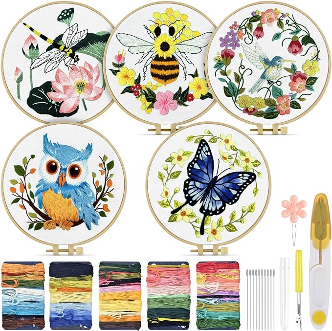 TINDTOP 5 Sets Embroidery Kit for Beginners Adult, Embroidery Kit for Beginners Include Embroidery Cloth Hoops Threads for Craft Lover Hand Stitch with Embroidery Skill Techniques | Include Embroidery Cloth Hoops Threads for Craft Lover Hand Stitch wit...