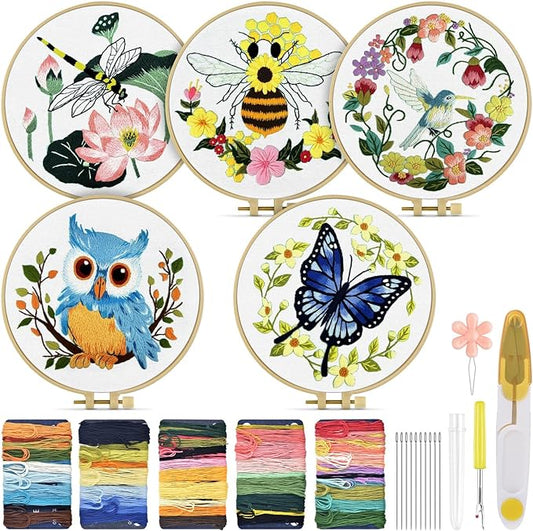TINDTOP 5 Sets Embroidery Kit for Beginners Adult, Embroidery Kit for Beginners Include Embroidery Cloth Hoops Threads for Craft Lover Hand Stitch with Embroidery Skill Techniques | Include Embroidery Cloth Hoops Threads for Craft Lover Hand Stitch wit...