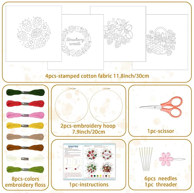 BEUNITONE 4 Set Strawberry Embroidery Kit for Adult Beginners 7.9"x7.9" DIY Stamped Needlepoint Kits with Pre-Printed Designs, Complete Handmade Embroidery Craft for Relaxing Hobby and Home Decor