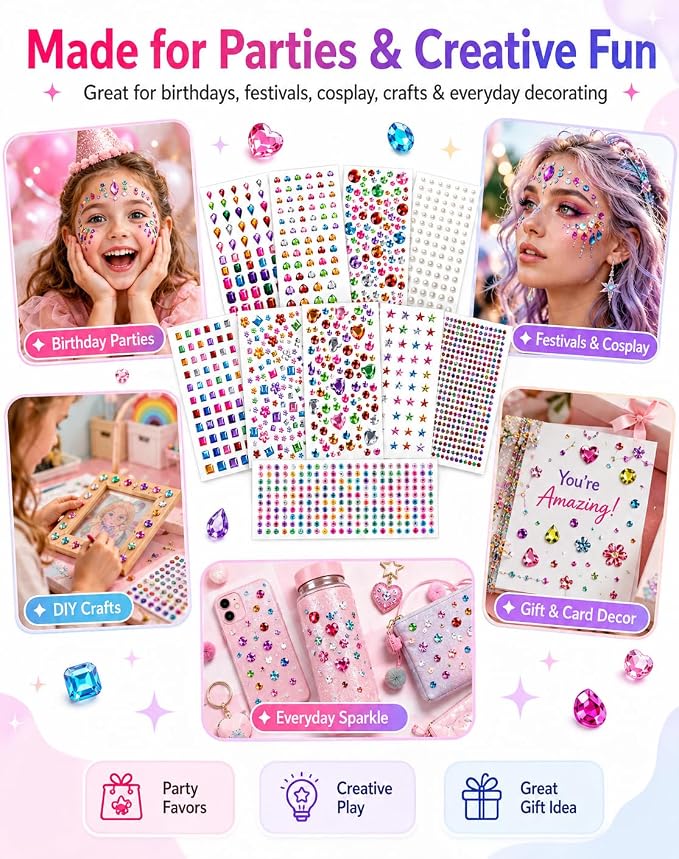 3062Pcs Gem Stickers-Self-Adhesive Face Jewelry Stickers, Acrylic Gems DIY Crafts, Sparkling Heart-Shaped Rhinestone, for Party & Holiday Supplies