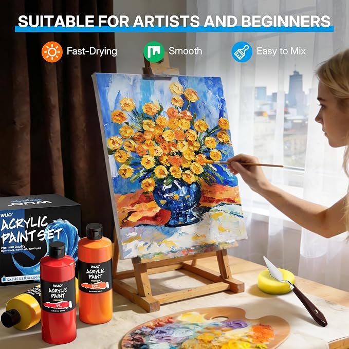 WUO 12 Colors Acrylic Paint Set, 250ml/8.45oz Bottles Artists Acrylic Paint | Large Bulk Rich Pigment Non-Toxic Waterproof Multi-Surface Painting Supplies for Beginners on Canvas Wood Rock Ceramic Crafts