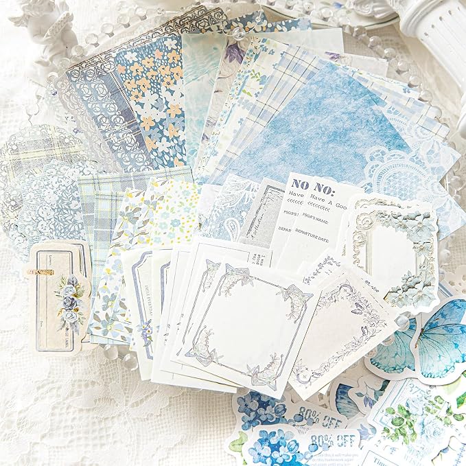 OKUPAN Vintage Floral Scrapbook Paper & Journaling Stickers (100pcs) Assorted Set (Blue) - Junk Journal Supplies for Bullet Journaling, Retro Crafts, Planner, Mixed Media, Collage Card Album