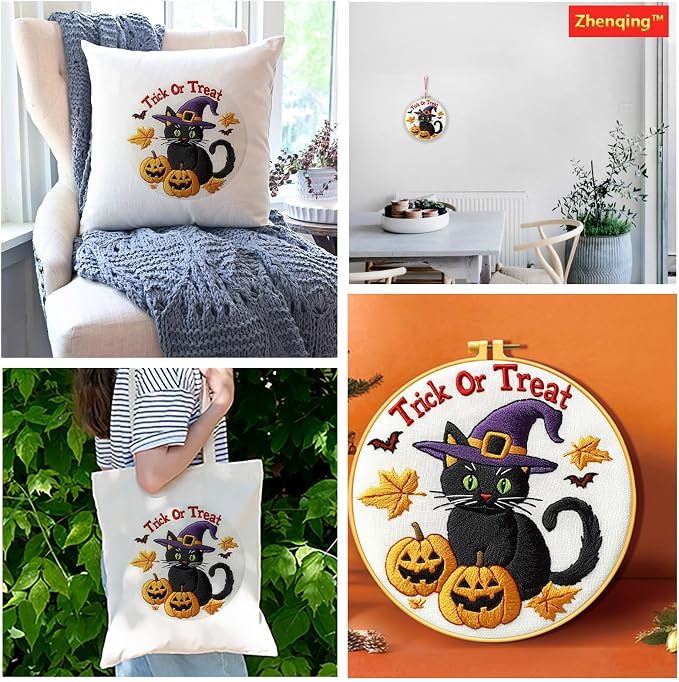 Zhenqing Halloween Black Cat Embroidery Kit for Beginners, Trick or Treat Witch Cat Needlework Kit with Pre-Printed Cotton Fabric, Hoop, Threads & Tools, Spooky DIY Decor (C0118)