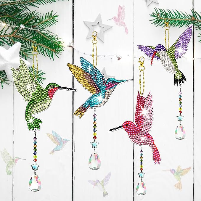 6 Pcs Diamond Painting Wind Chimes Rhinestone Hummingbird Diamond Art Suncatcher Double Sided 5D DIY Diamond Painting Kits for Adults Christmas Ornament Best Gifts for Mother