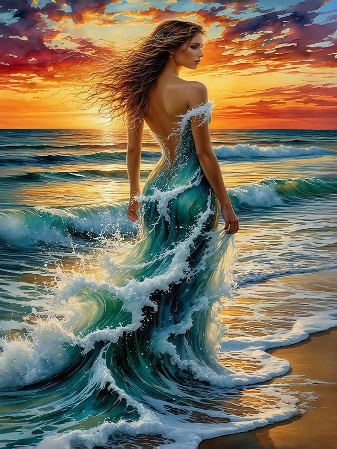 5D Ocean Wave Woman Diamond Art kits for Adults Beginners 12x16inch | Fantasy Beach Sunset Lady Diamond Painting Kit, DIY Full Round Drill Paint by Diamonds Dot Gem Art for Adult, Home Wall Decor