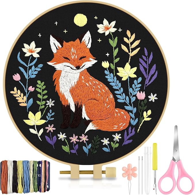 TINDTOP Embroidery Kit for Beginners Adult, Fox Embroidery Kit | Include Embroidery Cloth Hoops Threads for Craft Lover Hand Stitch with Embroidery Skill Techniques