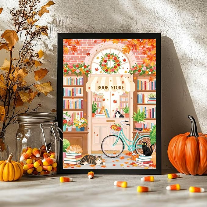 GEWOUVIN Book Store Diamond Art Kits for Adults, Autumn Diamond Painting Kit for Beginners, Round 5D DIY Dimond Art,Full Drill Painting Kit Art and Crafts for Adults Home Wall Decor【11.8x15.7inch】